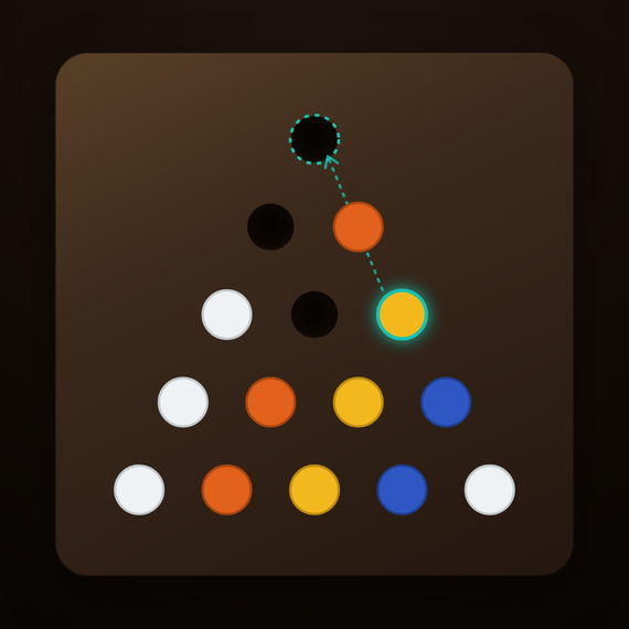 Leap, a triangular peg board with colored pegs