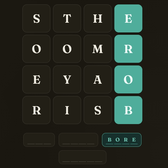 Weave, a grid of letter tiles with one word traced in teal